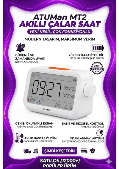 Atuman Mt2 3in1 Dijital Masa Saati Oda Termometresi Nem Ölçer Pomodoro Kronometre Tek Şarjla 180 Güne Varan Batarya Süresi Çalar Saat