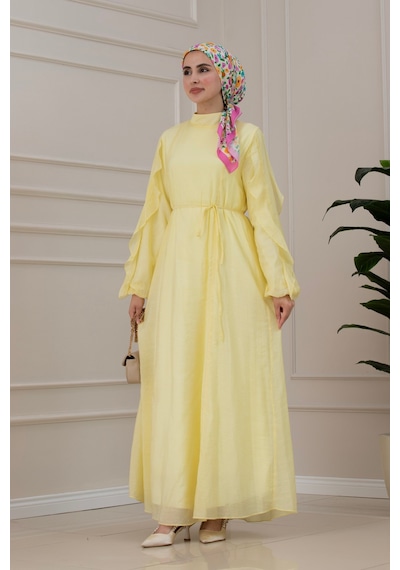 Sevitli Kolları Fırfır Detaylı Simay Elbise-sarı-5794