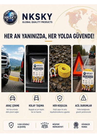 5 Ton Araç Çekme Halatı 3 Metre 5 Cm Genişlik Ce Belgeli Omega Kilit Oto Çeki Halatı Sarı