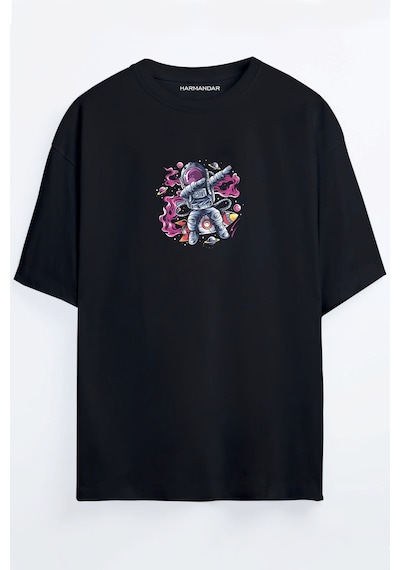Astronot Baskılı Unisex Siyah - Beyaz - Turuncu - Bej Oversize T-shirt SIYAH