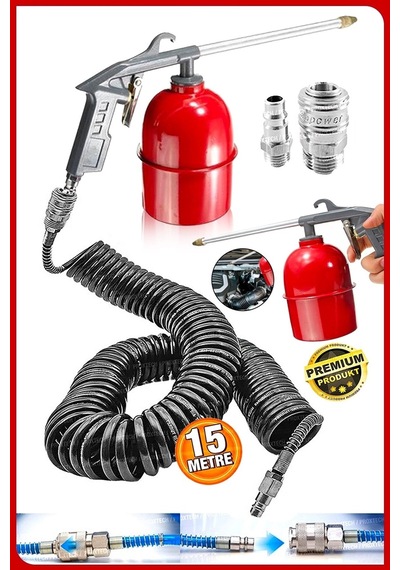 15 Metre Spiral Hortum Oto Araba Motortemizleme Mazot Tabancası Solvent Püskürtücü Jak Set