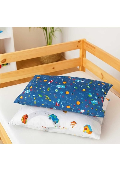 Bebek Özel %100 Pamuklu Çocuk Yastık Kılıfı 50x70 CM 2 Adet Trafik - Mavi Galaksi Desenli