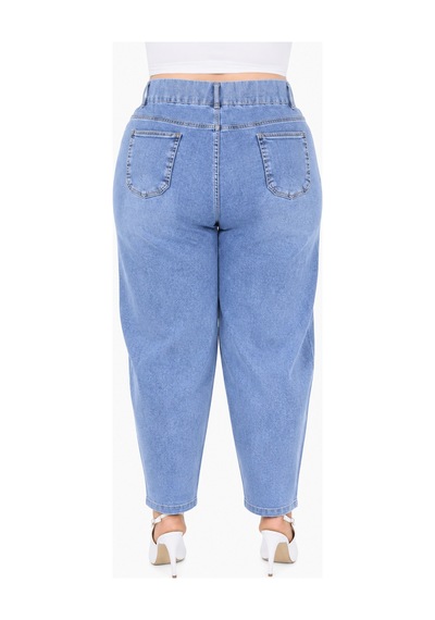 Büyük Beden Beli Lastikli Cepli Likralı Denim Mom Kesim Kadın Pantolon Mavi