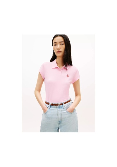 Kadın Slim Fit Göğsünde Logo İşlemeli Pamuklu Kısa Kollu Pembe Polo Yaka T-shirt Pembe