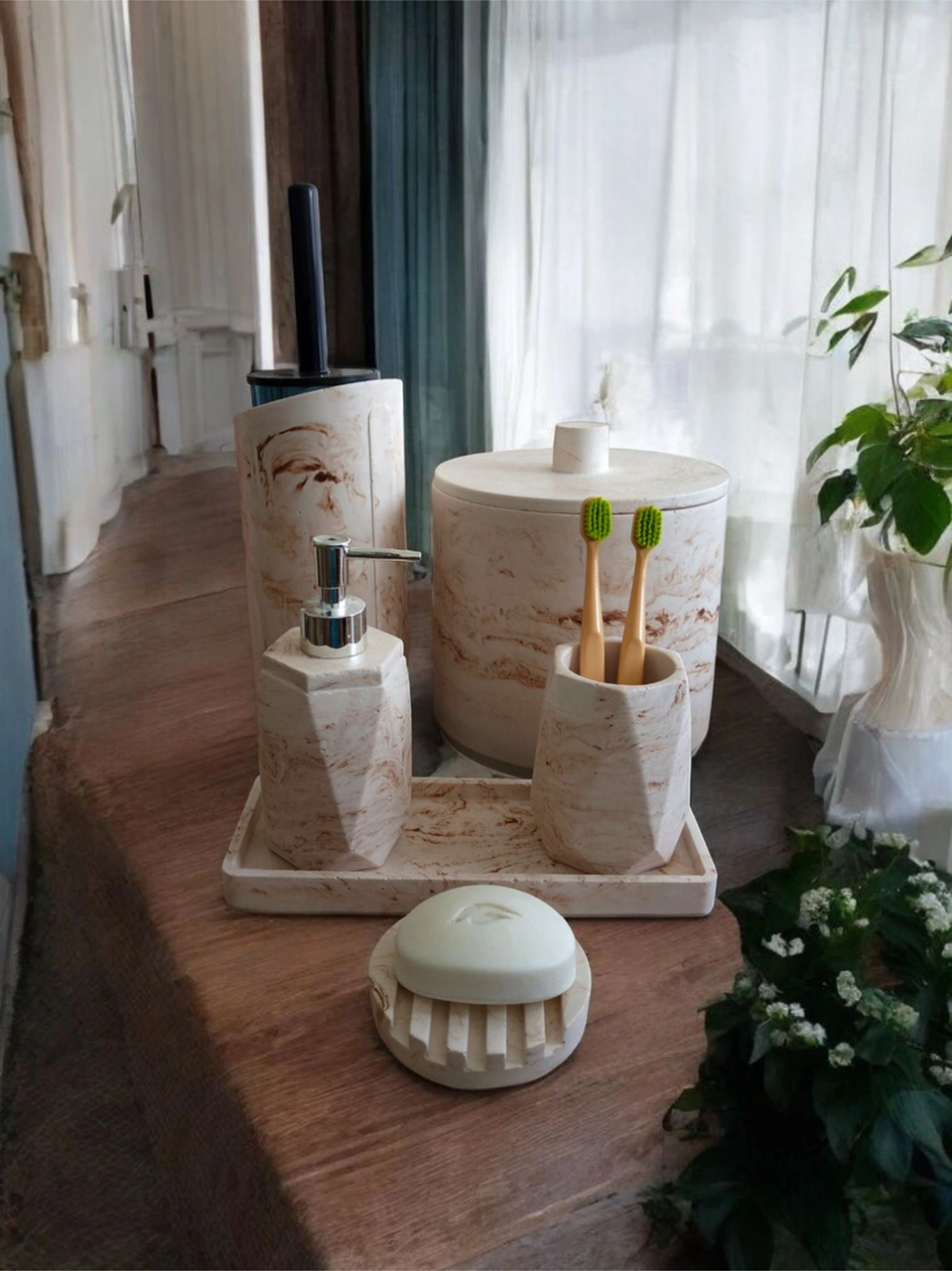 Mermer Desen Bej Çöp Kovasi,banyo Seti Tuvalet Wc Sıvı Sabunluk Diş Fırçalığı Beton Aksesuar Takım Bej