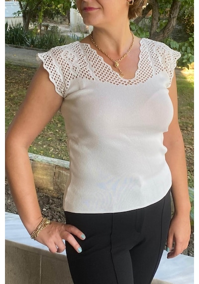 Mia Butik Kadın Beyaz Sıfır Kol Ajurlu Triko Bluz-1266 Beyaz