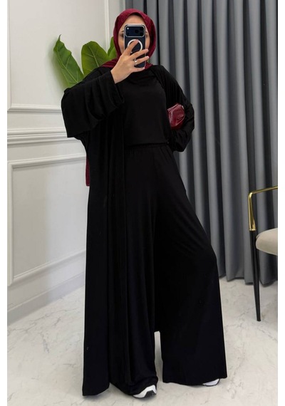 Balenbi Kadın Penye Uzun Hırka Bluz Geniş Paça Pantolon Abaya Takım 1217 Siyah