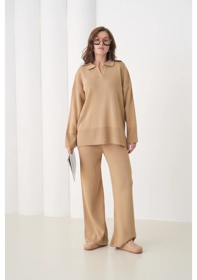 Park Karon Kadın Polo Yaka Yırtmaçlı Oversize Kazak Palazzo Pantolon Triko Alt-üst Takım Camel