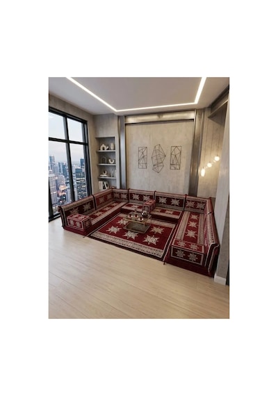 Yıldız Modeli Bordo Otantik Şark Köşesi Takımı U Set - Geleneksel Yer Minderi Seti 10 Cm Minder Kalınlığı 15 Parça