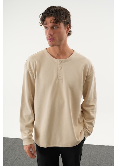 Redline Taren Oversize Erkek Kışlık Düğmeli Sweatshirt Bej
