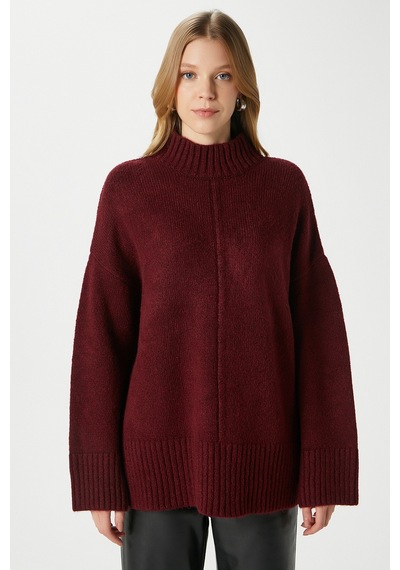 Ritnice Kadın Wonder Yumuşacık Dik Yaka Bordo Yırtmaçlı Oversize Triko Kazak Bordo