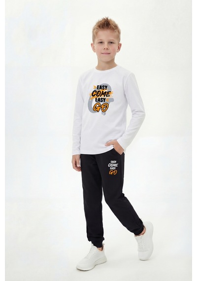Panios Kids 3'lü Yuvarlak Yaka Sweatshirt Siyah Eşofmanlı Baskı Detaylı 6 Parça Erkek Çocuk Alt Üst Takım Gri - Beyaz