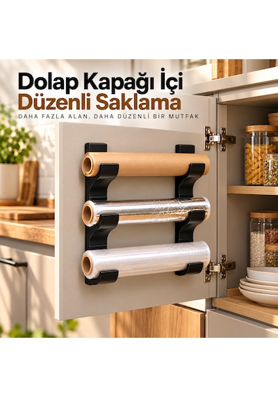 3 Katlı Mutfak Rulo Tutucu Streç Film, Folyo Ve Yağlı Kağıt Düzenleyici Siyah