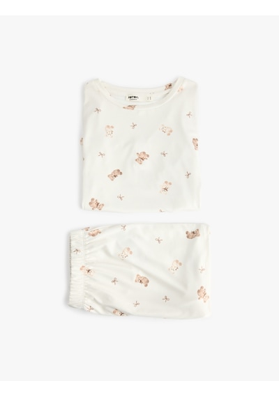 Koton Ayıcık Baskılı Rahat Kesim Bisiklet Yaka Kısa Kollu Pijama Takımı Bej Desenli 7wlk40117mk