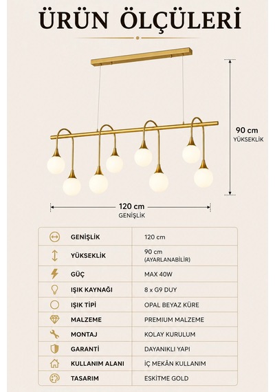 Eskitme Premium Gold 8 Opal Küreli Sarkıt Avize Yemek Masası Salon Mutfak Avizesi 40w Beyaz
