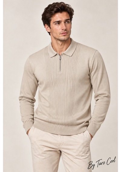 Cool Tarz Erkek Polo Yaka Yarım Fermuarlı Önü Fitilli Slim Fit Akrilik Pamuk Triko Kazak Bej Bej Cool Tarz Erkek Polo Yaka Yarım Fermuarlı Önü Fitilli Slim Fit Akrilik Pamuk Triko Kazak Bej Bej
