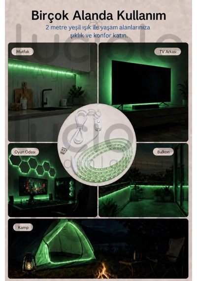 2 Metre 5v Usb Yeşil Şerit Led Anahtarlı Tv Arkası Gaming Masa Raf Powerbank Dekoratif Led
