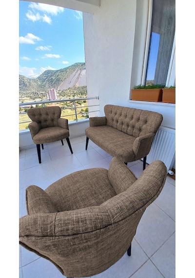 Azra Mobilya Çay Seti Koltuk Takımı - Keten Kumaş - Ahşap Ayak - Balkon Mobilyası- Kahverengi Kahverengi