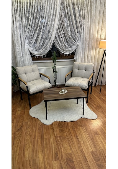 Modern Style Home Modern Levent Balkon, Bahçe, Cafe - Metal Kanepe Koltuk Takımı 2 Tekli + Sehpa Krem Modernk047 Krem