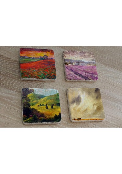 Gelincik Tarlası Ve Doğa Manzaraları Doğal Taş Bardak Altlığı 4'lü Set - Natural Stone Coasters - Taş Çok Renkli