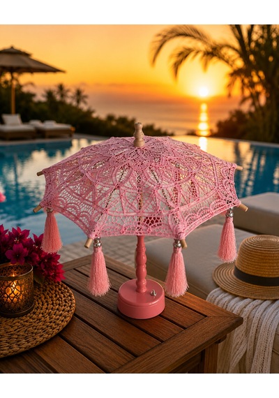 Missidea Dantel Soft Pink Bohem Dekoratif Şemsiye Lambası Pembe