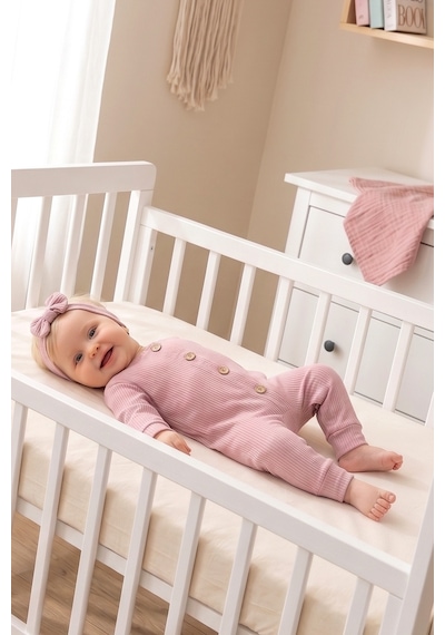 Babymod Fitilli Düğme İliklemeli Saç Bandlı Pamuklu Kız Bebek Tulum Set Pembe