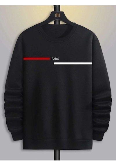 Paris Çizgili Sweatshirt - Siyah Baskılı Oversize Bisiklet Yaka Siyah