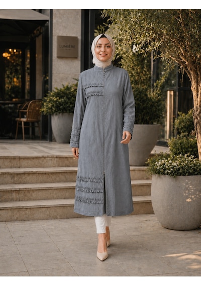 Modern Hakim Yaka Tesettür Kap Çilek Kumaş Rahat Kesim Gri