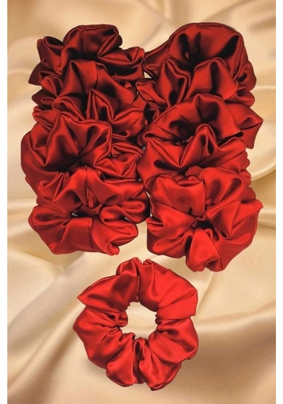 Kadın Kına Ve Nişan Düğün Için Lastikli Simit Kırmızı Saten 10lu Scrunchie Saç Toka Seti Kırmızı
