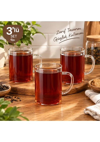 Çemi 3'lü Borosilikat Cam Kupa Bardak Seti 200 Ml - Isıya Dayanıklı Kulplu Çay Ve Kahve Kupası Şeffaf
