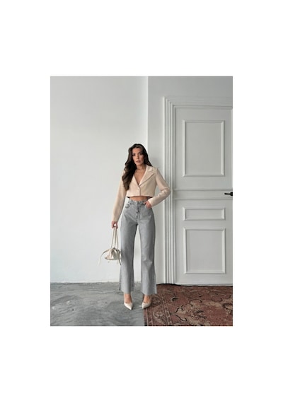 Blue Marlın Yüksek Bel Tam Kalıp Paça Kesik Boru Paça Jeans Kar Siyah