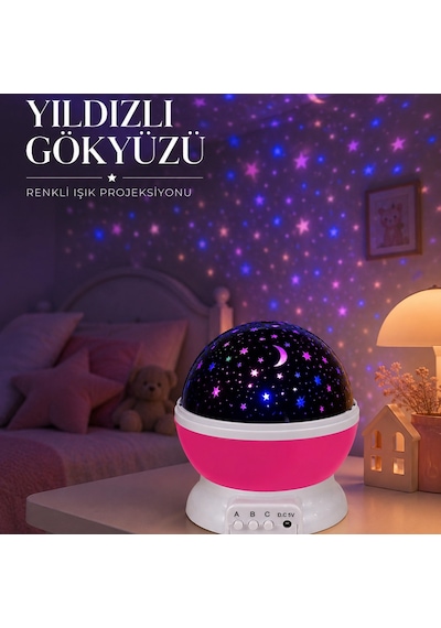 Pembe Döner Yıldız Projektörü Usb Ve Pilli Kullanımlı Gece Lambası Renkli