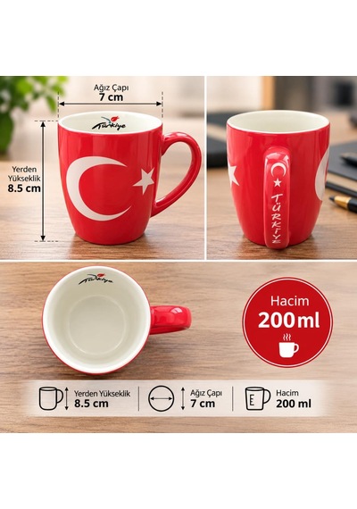 Kupa Bardak Porselen 200 Ml Türk Bayrağı Desenli Çay Kahve Kupası