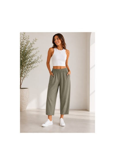 Mixxtrend Kadın Tencel Mom Kalıp Havuç Pantolon Haki