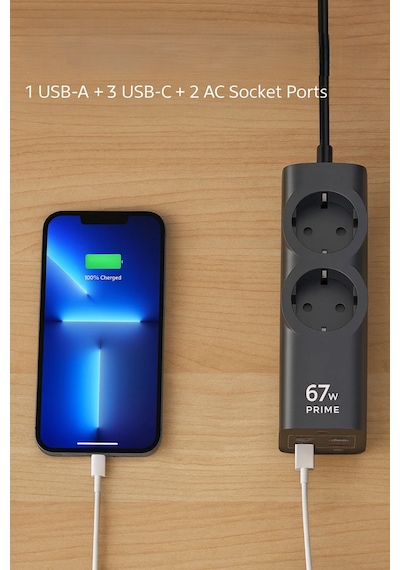 67w 2xac 3xtype-c 1xusb Çıkış Akım Korumalı Çoklu Priz 2200w Güç, Hızlı Şarj Destekli, Kompakt Tasarım 1.5