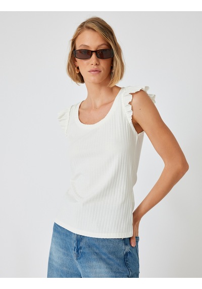 Koton Fırfırlı Karpuz Kol Tişört Yuvarlak Yaka Ribanalı Slim Fit Beyaz 5wak10179ek Beyaz