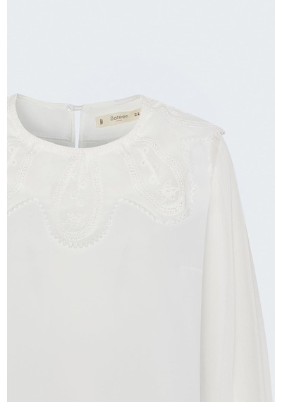 Sateen Yaka Detaylı Bluz - Ekru-137866