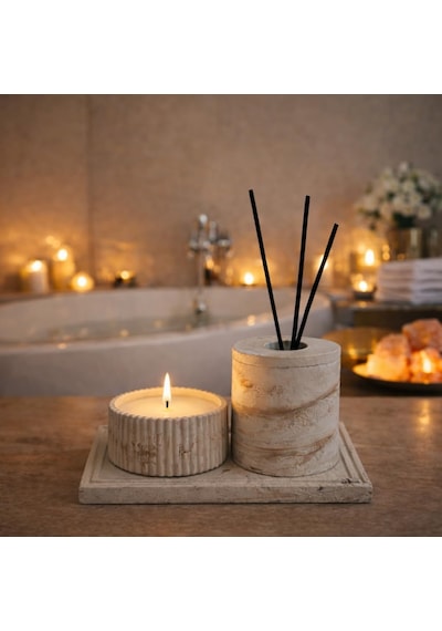 Beton Banyo Seti, Mum, Difüzör Oda Kokusu Kabı Ve Dekoratif Tepsi, Banyo Dekoru, 4 Parça Set, Koku Çubuk Hariç Diğer