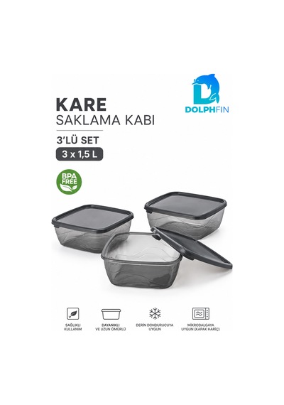 3 Lü Kare Saklama Kabı Seti 3x1,5 Litre Füme Şeffaf Siyah Kapaklı Bpa İçermez