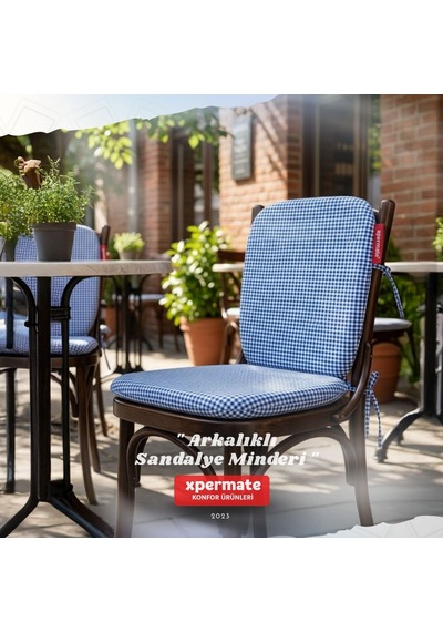 Pötikare Sırtlıklı Sandalye Minderi 42x42 Fermuarlı Yıkanabilir Kılıf Bağcıklı Minder Standart Fit Mavi