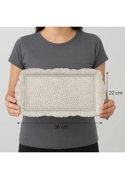 Osmanlı Motifli Küçük Metal Servis Tepsisi Dekoratif Sunum Tepsisi, 36 X 18 Cm, 306 G Gümüş Grisi 15cm
