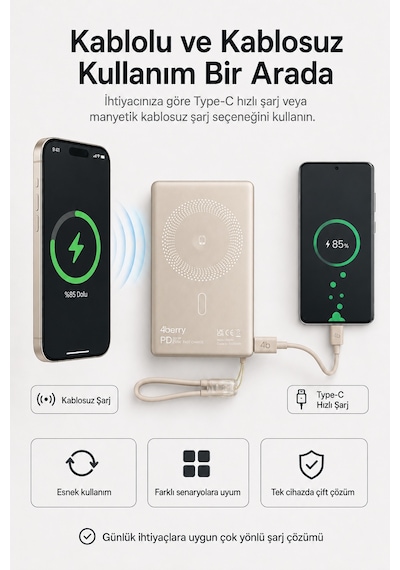 Ym307 10000 Mah Manyetik Kablosuz Powerbank 25w Pd Hızlı Şarj, 15w Kablosuz Şarj Ve 360 Döner Stand Gold