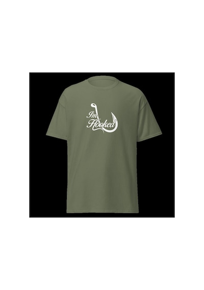 Wildstyle I'm Hooked Balıkçılık Olta Balıkçı Tutkusu Baskılı Unisex Bisiklet Yaka Pamuklu Tişört - Haki