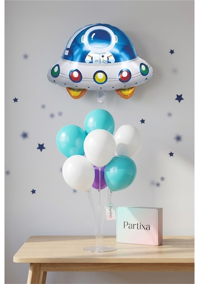 Ufo Uzay Gemisi Balon Stand Seti Şeffaf 7 Li Stand + Ufo Folyo Balon + 7 Lateks Balon Turkuaz-beyaz-mor