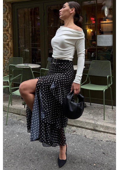 Madmext Siyah/beyaz Kemerli Yırtmaçlı Puantiye Desen Volanlı Etek Mg2715