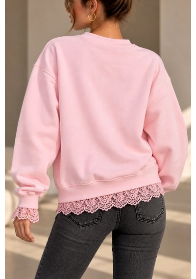 Bb Butik Basic Dantel Detaylı 3 İplik Şardonlu Kadın Sweatshirt My3535 Pembe