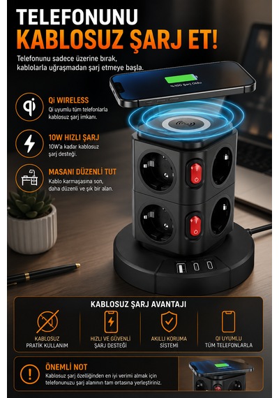 3680w Akım Korumalı Kule Priz 8 Ac Priz 1 Usb 2 Type-c Çoklu Priz Ev Ofis Kullanımı