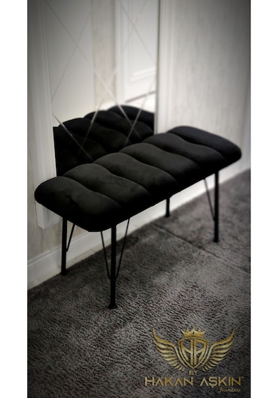 By Hakan Aşkın Metal Ayaklı 38x90 Cm Eco Black Babyface Puf & Bench Tekli Baby Face Kumaş Siyah