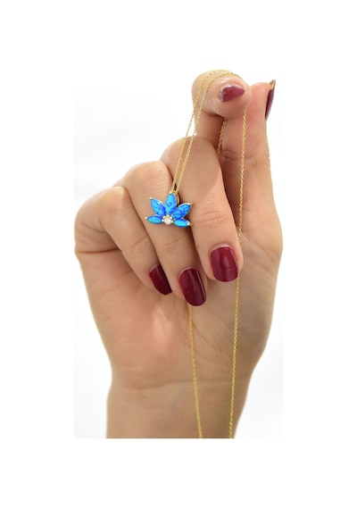 925 Ayar Gümüş Gold Kaplama Lacivert Opal Taşlı Lotus Kolye UVPTS100074-1