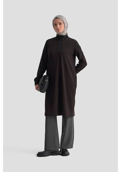 Armine Trend Kolları Ve Yakası Ribanalı Yarım Fermuarlı Crep Tunik Siyah 25kt456 Siyah
